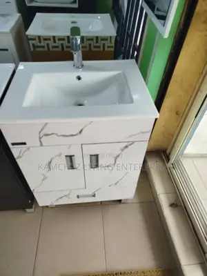 Modern White Marble-Effect Sink Vanity With Chrome Faucet