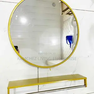 50*50cm Round Wall Gold Mirror With Shelf – Gold Metal Frame