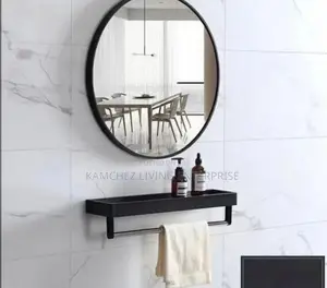50*50 Round Bathroom Mirror With Shelf Towel Bar–Black Frame