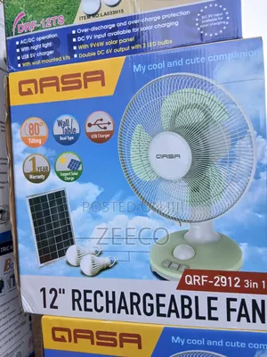 12" Rechargeable Fan With Solar Panel and Bulbs