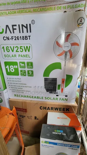 18" Ac Dc Solar and Rechargeable Fan With Bulbs, Panel, Etc.