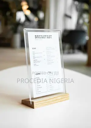 Acrylic Sign Holder-Wooden Base, Menu, Account Details