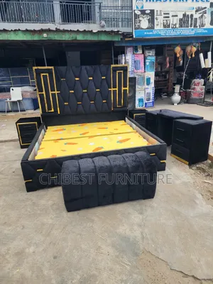 Black 6by6 Bed With Dressing Mirror, Drawers and Ottoman