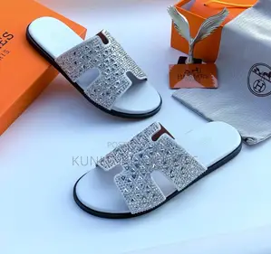 Original Hermes White Leather Slippers