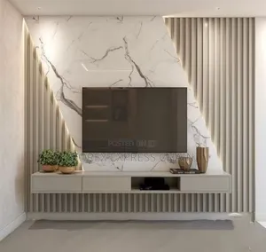 Luxury Tv Console With Fluted Panel And Marble Backdrop