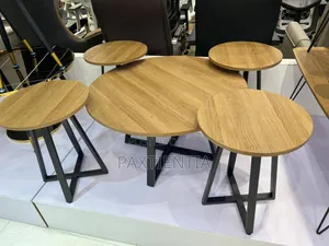 Wooden Center Table and Four Stools With Metal Leg