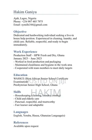 Housekeeping Cleaning CV