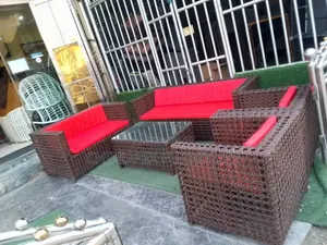 7 Seaters Brown Rattan Set of Chairs and Glass Table