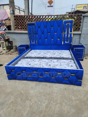 Blue Padded 6by6 Bed Stand With Side Drawers.