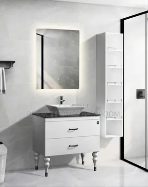 White Bathroom Cabinet Set and Black Countertop Led Mirror