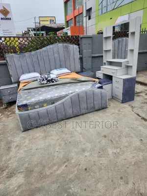 Padded Upholstery Bed With Side Drawers and Dressing Mirror