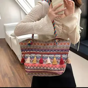 Ethnic Style Canvas Shoulder Bag With Simple Zipper Design.