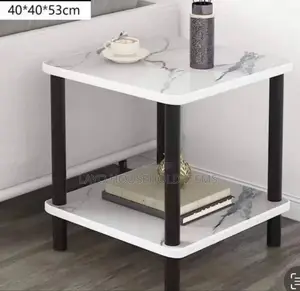 Squared 2-Tier Side Table With Faux Marble Top Metal Legs