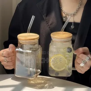 Cute Glass Cup With Bamboo Lid Straw