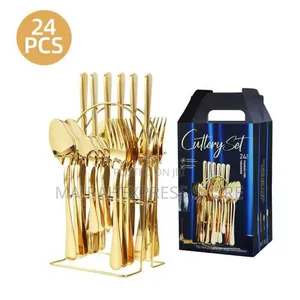 24 Pieces of Gold Cutlery Spoons Accompanied by a Stand.