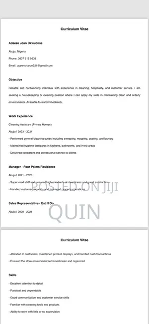 Housekeeping Cleaning CV