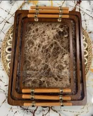 3 Set Wooden Tray With Gold Color Handle