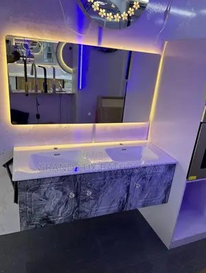Modern Double Sink Vanity With Led Mirror – Marble Finish