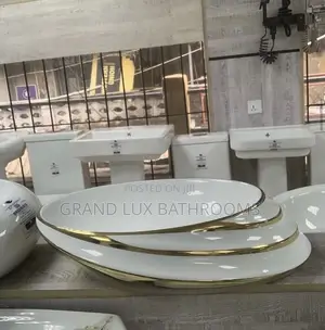 Luxury White Ceramic Bathroom Vessel Sink With Gold Trim
