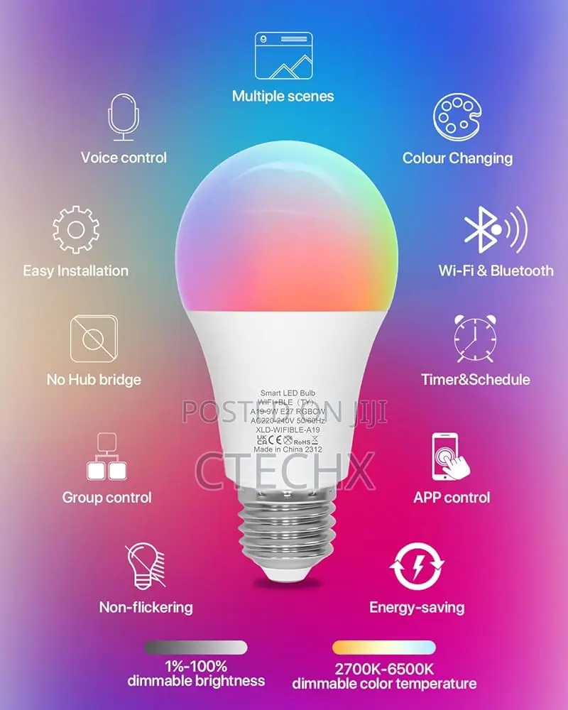 Smart Led Light Bulb, E27 Screw Colour Changing, Wifi 2pack