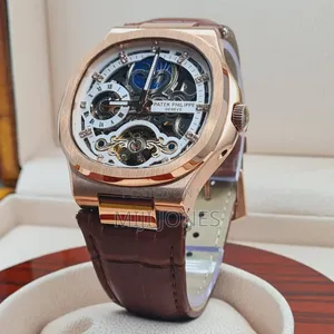 "Brown Leather Patek Philippe Skeleton Watch Replica"