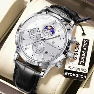 Poedagar Leather Chronograph Wristwatch Silver Head
