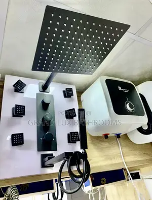Matte Black Thermostatic Shower Panel System With Rainfall