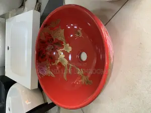 "Red Floral Ceramic Vessel Sink With Artistic Gold Detailing