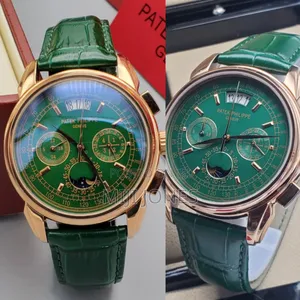 Patek Philippe Inspired Rose Gold Green Leather Chrono Watch