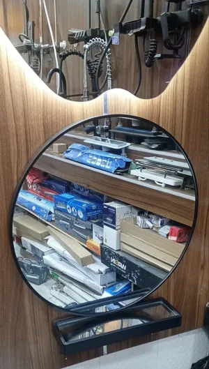 Black Frame Round Mirror With Storage Shelf for Bathroom