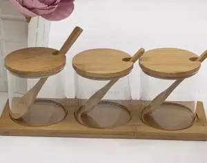 3 Pieces Glass Condiment Jar Set With Bamboo Lids - Salt Sugar Jar