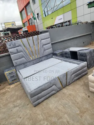 5ft Tall Grey Padded 6by6 Bed Designed With Gold Tape.