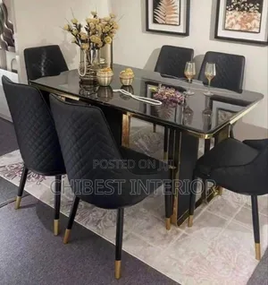 Classic Marble Dining With Six Leather Chairs.