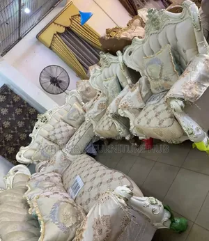 Foreign Set of Royal Fabric Sofa Chair With Throw Pillows.