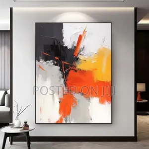 Orange, Yellow, Black and White Abstract Painting.