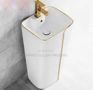 Modern Freestanding Pedestal Basin With Gold Trim Design