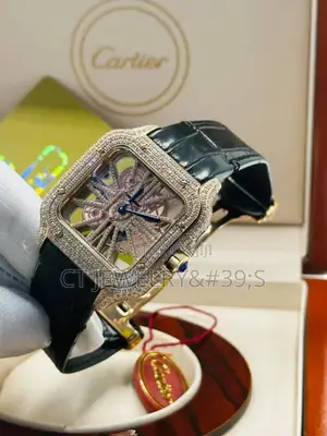 Ice Diamond Bezel Stones Cartier Santos Genuine Leather