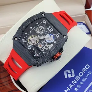 "Hanboro Red  Rubber Strap Mechanical Watch"