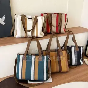 Striped Canvas Shoulder Tote Bags