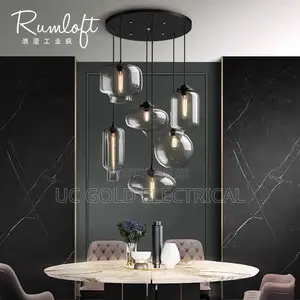Retro Glass Pendant Light Led Nordic Iron Bar Decor Hanging