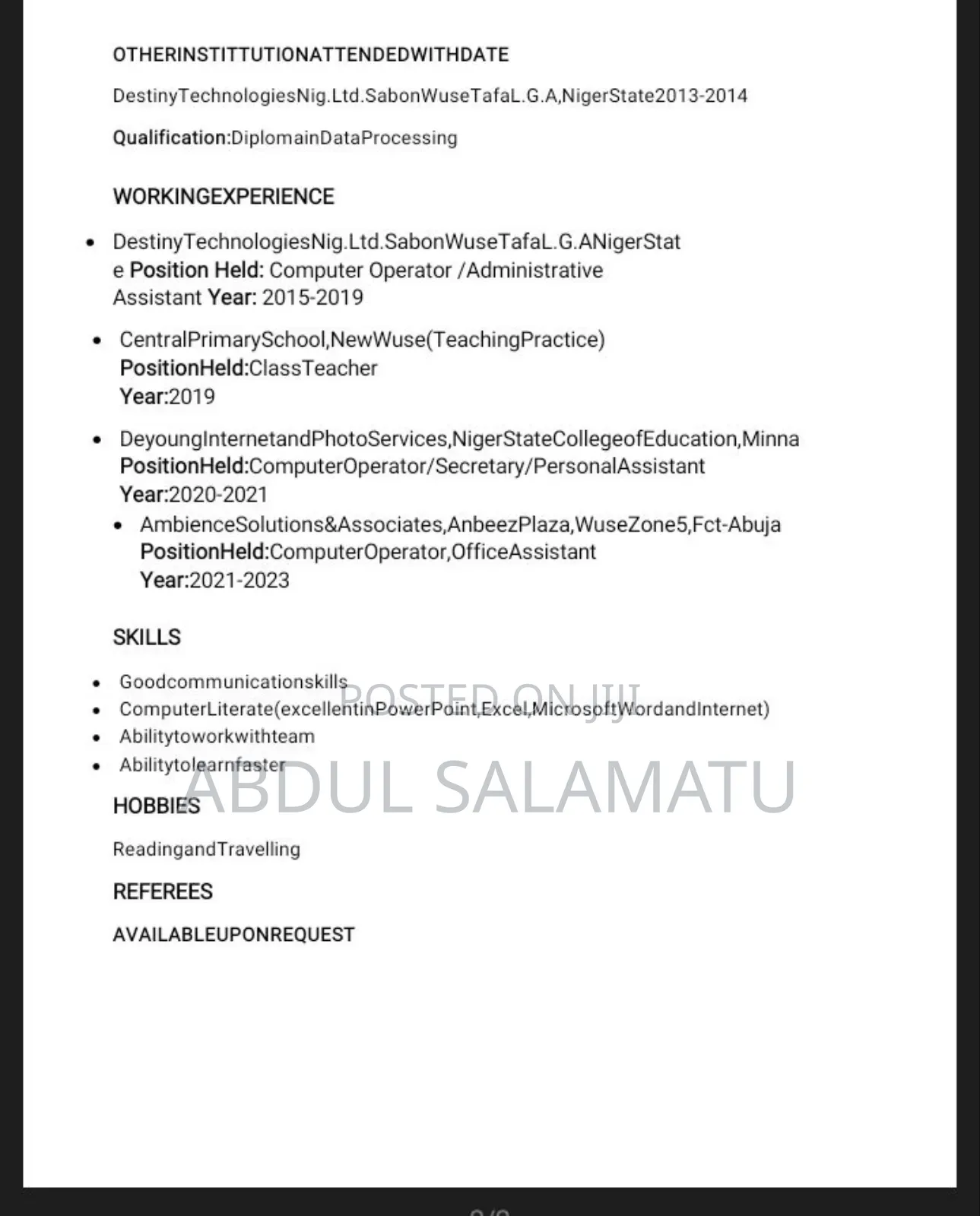 Computer Operator,Office Assistant, Receptionist Secretary