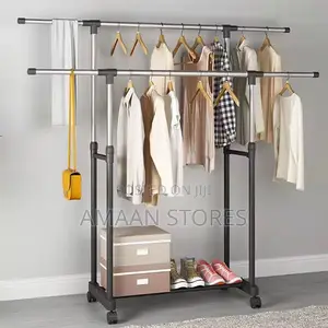 Double Pole Clothes Rack With Wheels Shoe Shelf