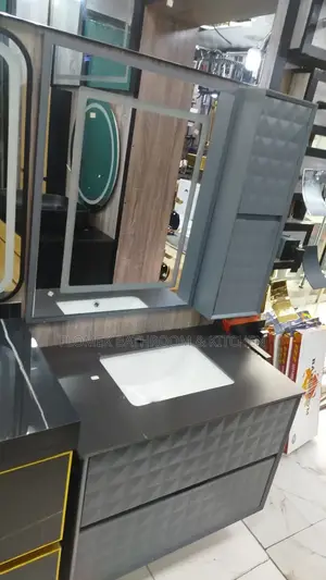 Gray Coloured Vanity With Led Mirror and Shelf.