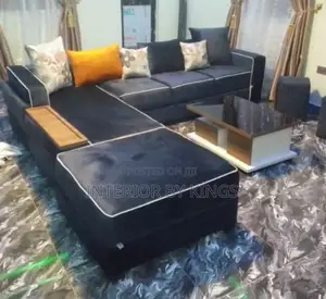 L-Shaped Fabricsofa With Remote Wooden Holder +Center Table