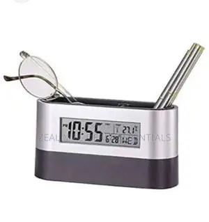 Oval Desk Stand Pen Holder With Digital Clock