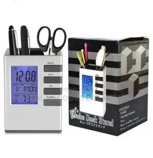 Cube Desk Stand Pen Holder With Digital Clock