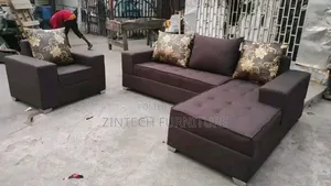 Brown Fabric L Shape Sofas and a Single Seater