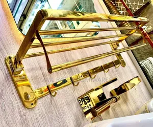 Golden Bathroom Towel Rack With Shelf and Hooks