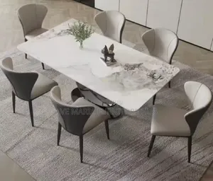 Set of Marble Top Dining Table by 6 Leather Chairs.