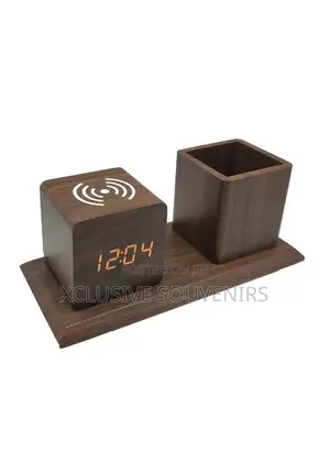 Wooden Wireless Charger Desk Organizer Digital Alarm Clock